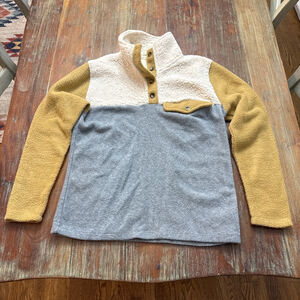 DONNI. Tri-Fleece Button Neck Colorblock Pullover - XS - Grey/Cream/Mustard